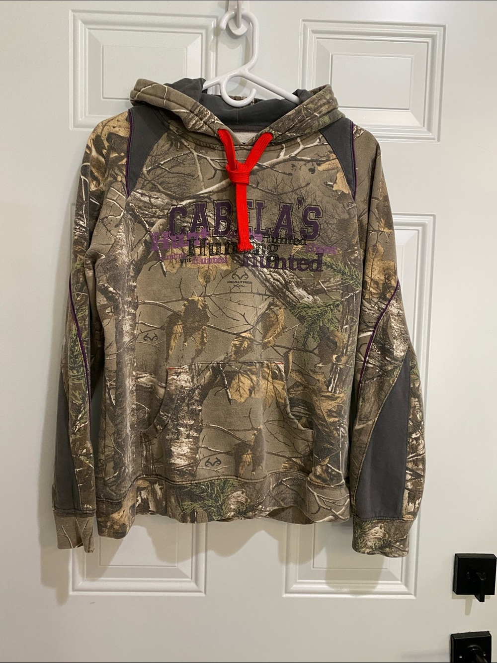 Cabela's Realtree Camo Crewneck Hoodie with Red Drawstring and Purple Logo